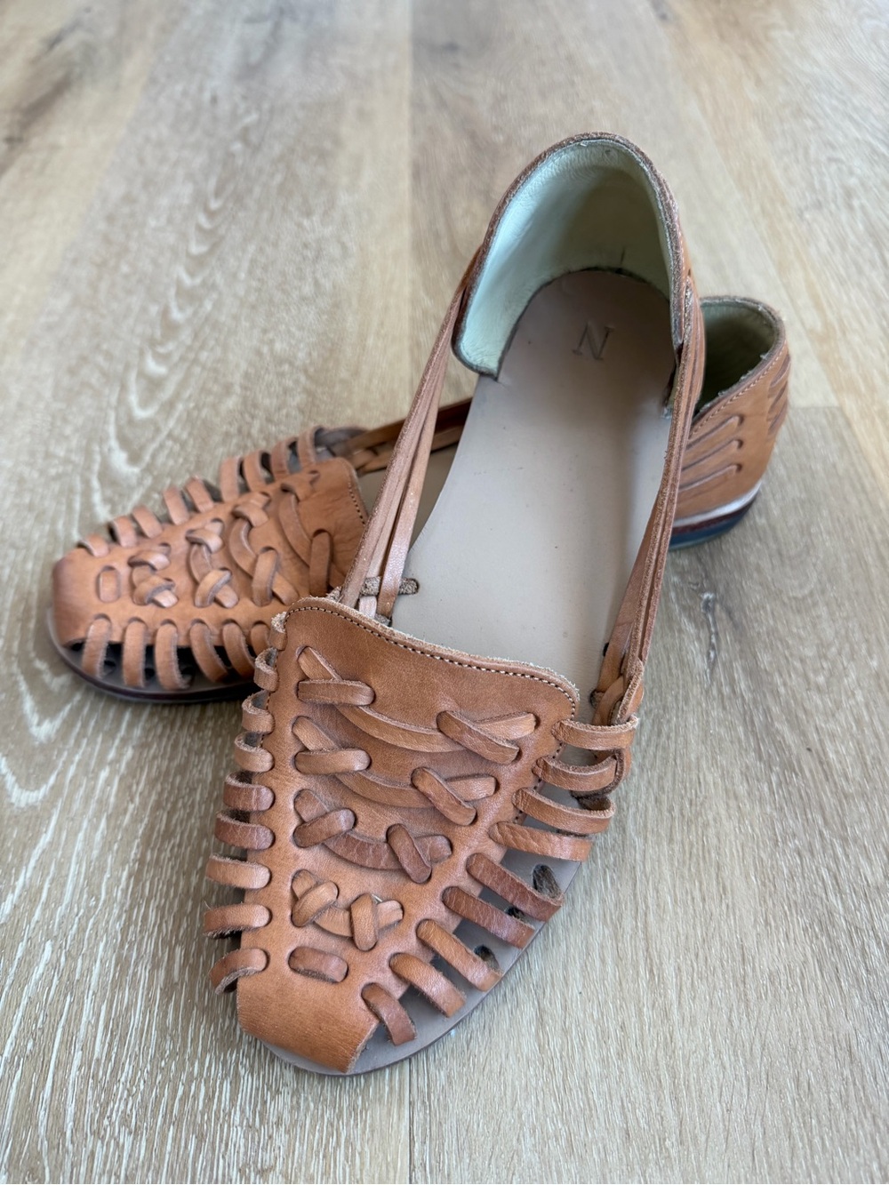 Nisolo Woven Leather Huarache Flats in Cognac Brown